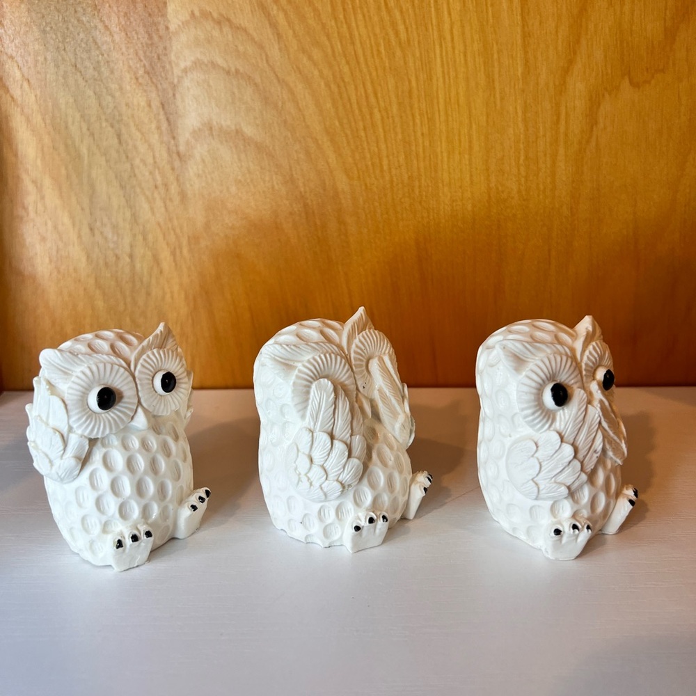 Handcrafted “see no evil” white, resin, owl figurines